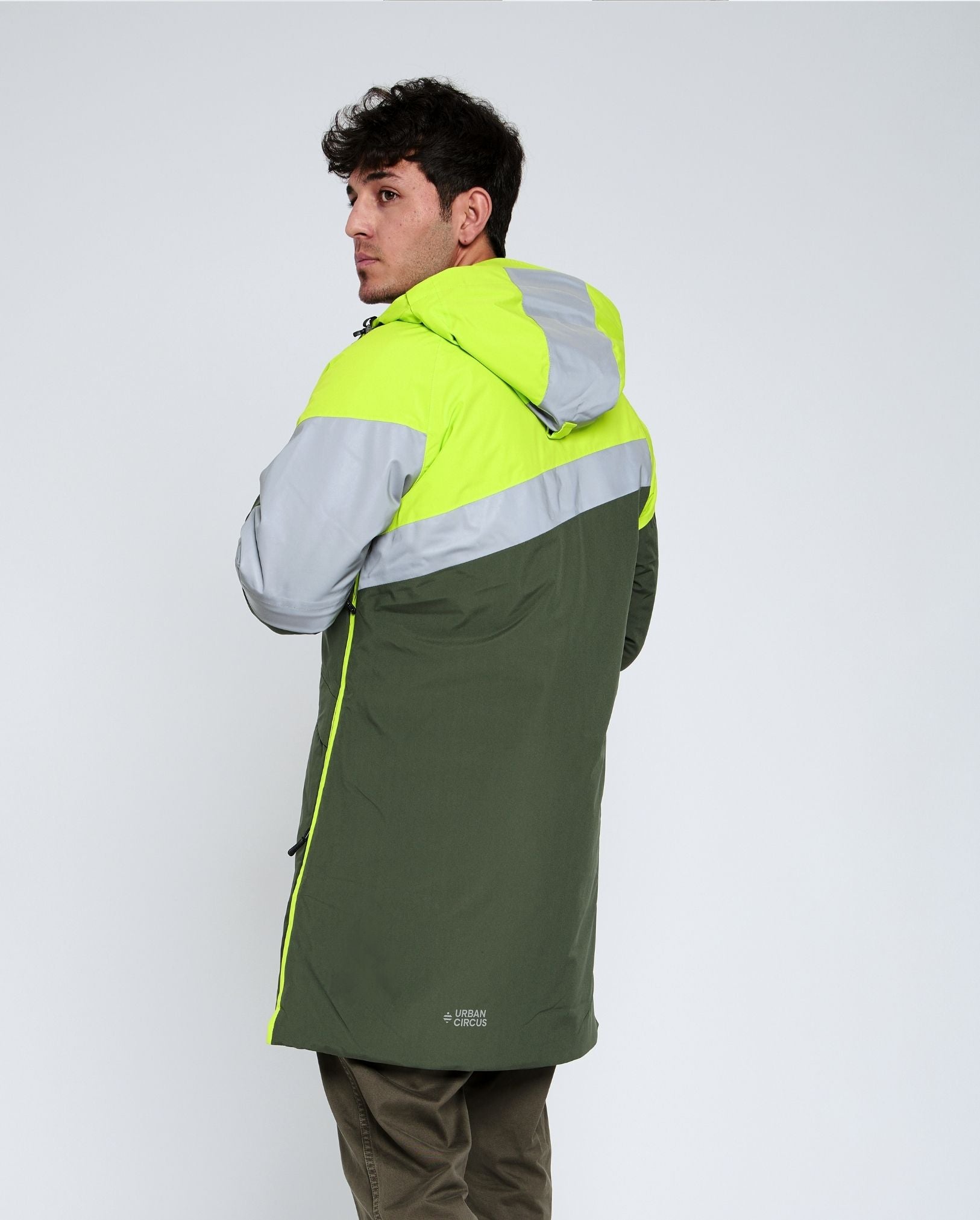 parka chaude verte fluo dos grande capuche