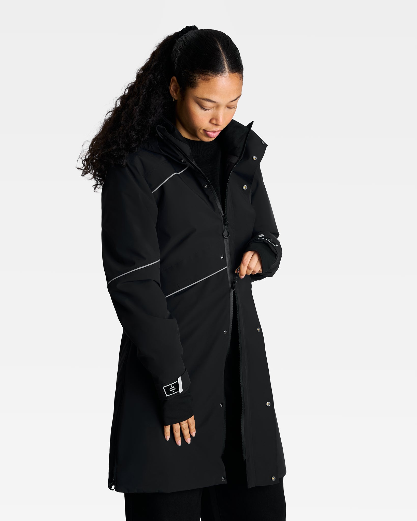 Manteau long technique chaud noir pour le vélo respirante zip d'aération sur femme