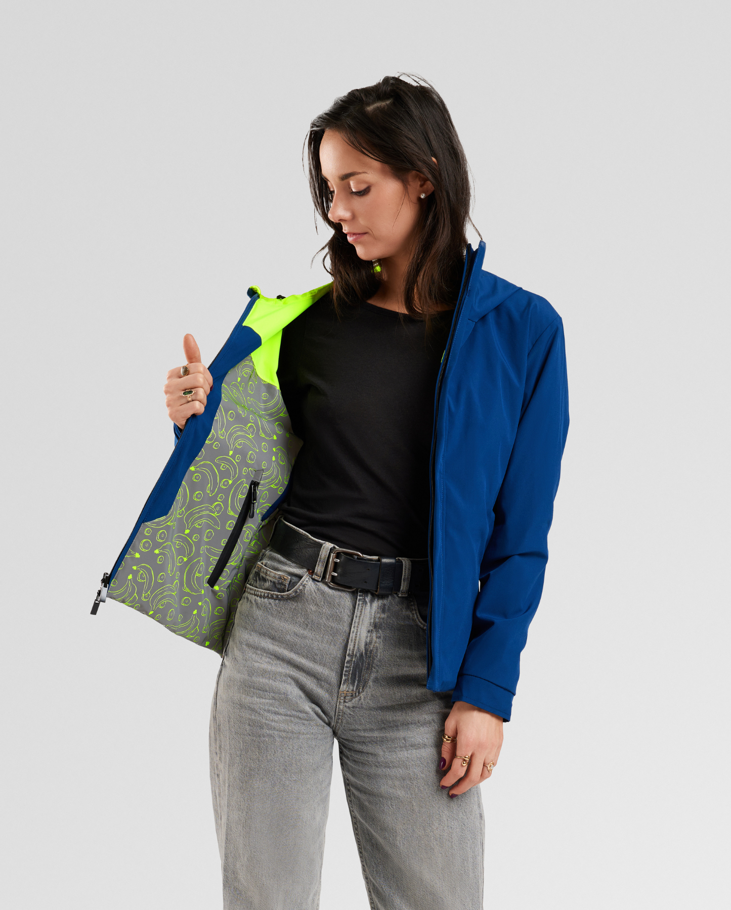 Veste REPOP réversible jaune vif motifs banane bleue marine pour mobilités urbaines