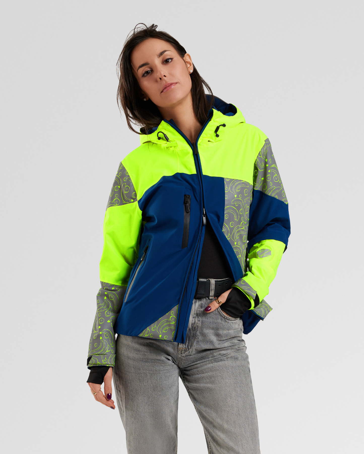 Veste vélo jaune fluo motif banane imperméable et réversible REPOP