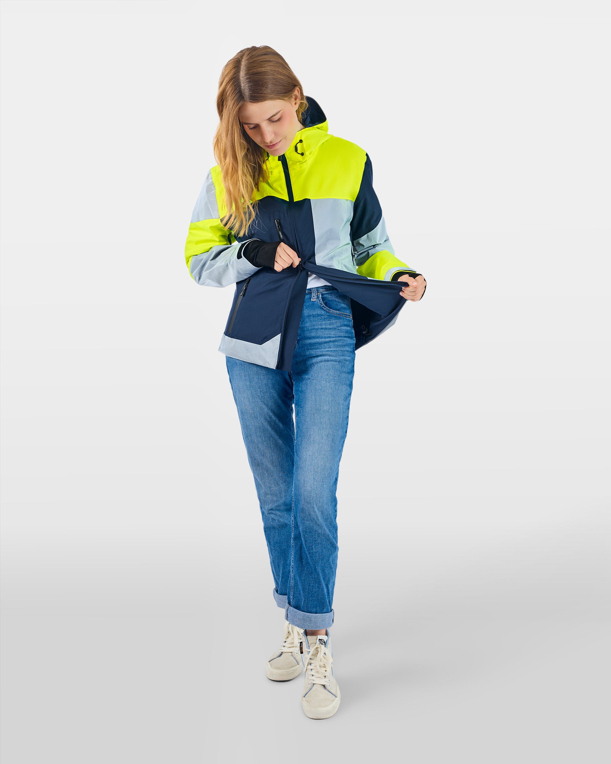 repop manteau vélo ville jaune fluo visible certifié en17353 respirant zip d'aération sur femme