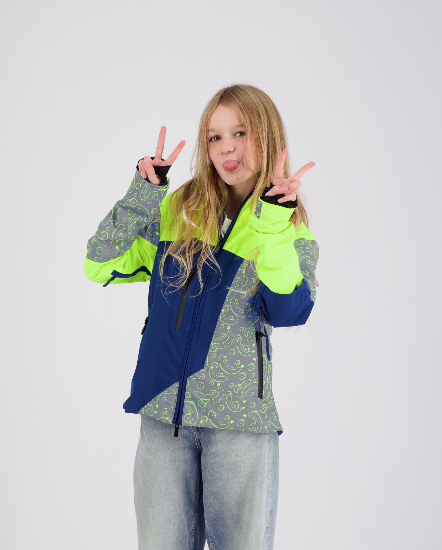 veste vélo ville pour enfant et ado jaune vif bleue marine motifs cool banane