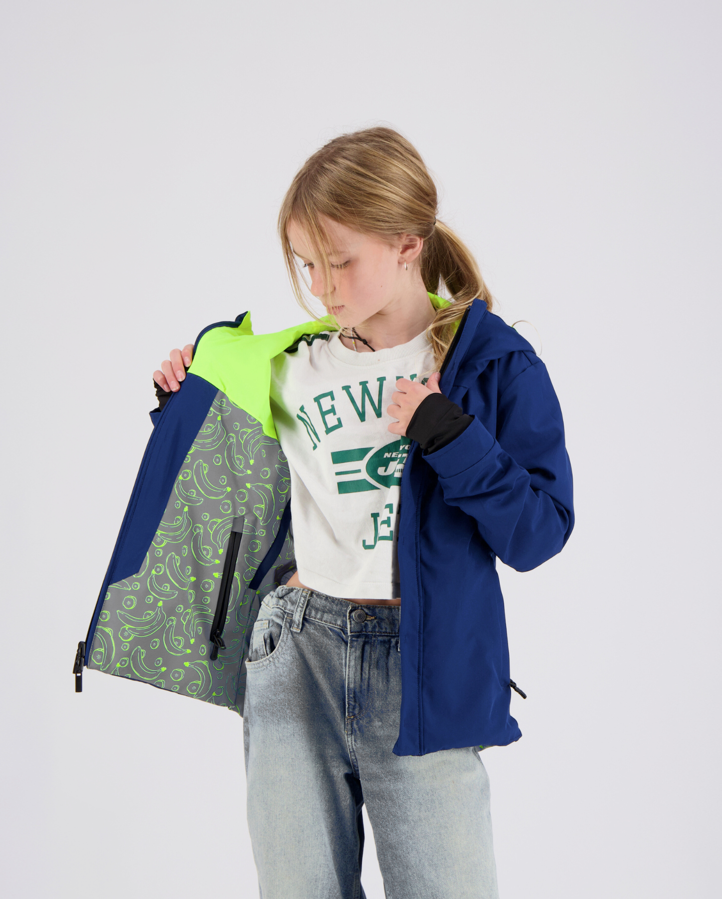 Veste vélo urbain enfant réversible jaune motifs banane bleue marine