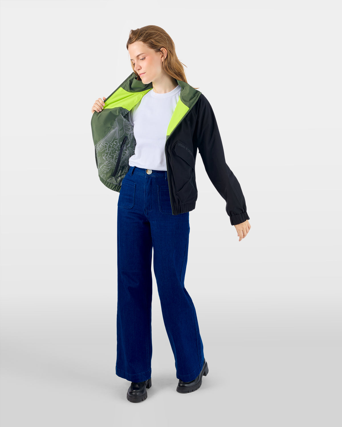 blouson fluo vélo imperméable respirant  et réversible sobre noir sur femme