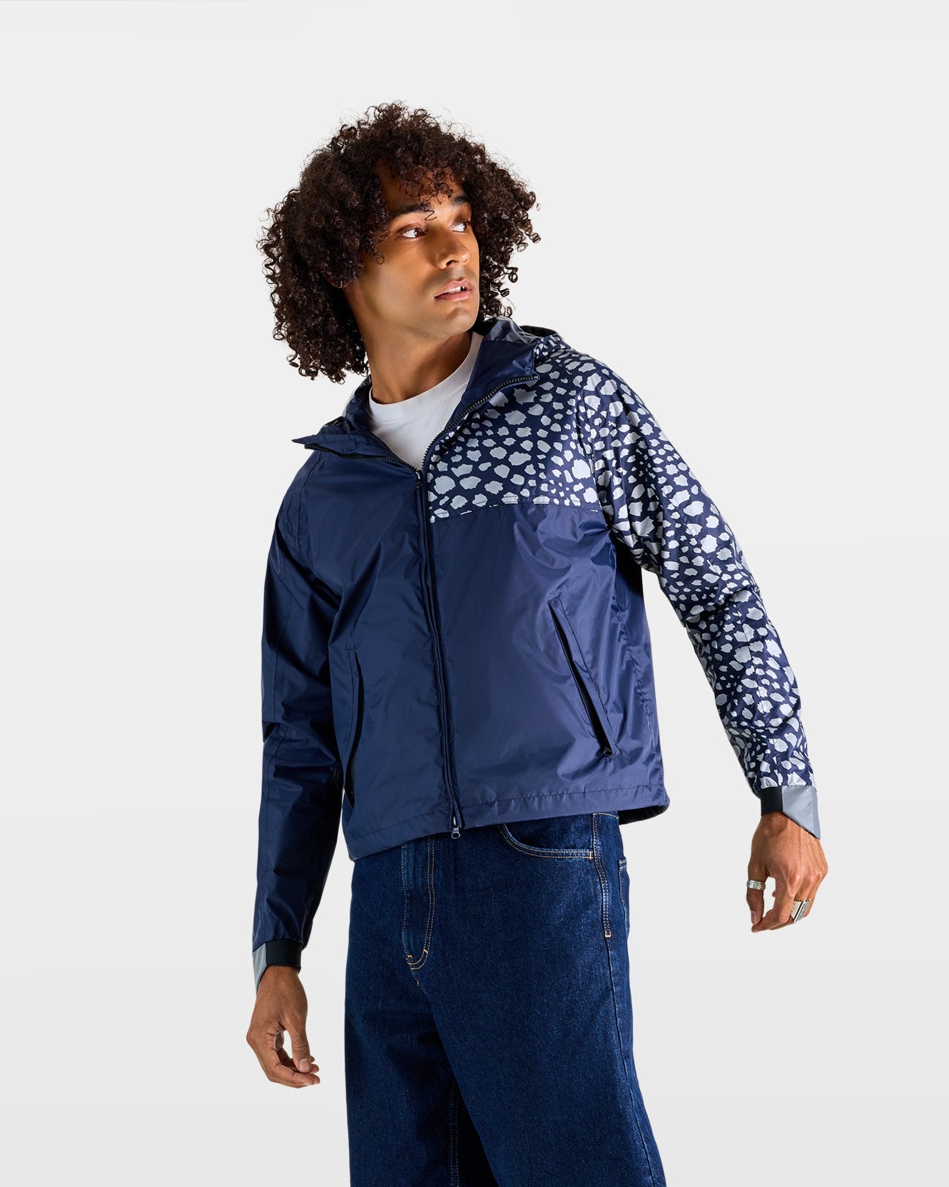 anorak coupe-vent imperméable bleu marine motifs guépard réfléchissants homme