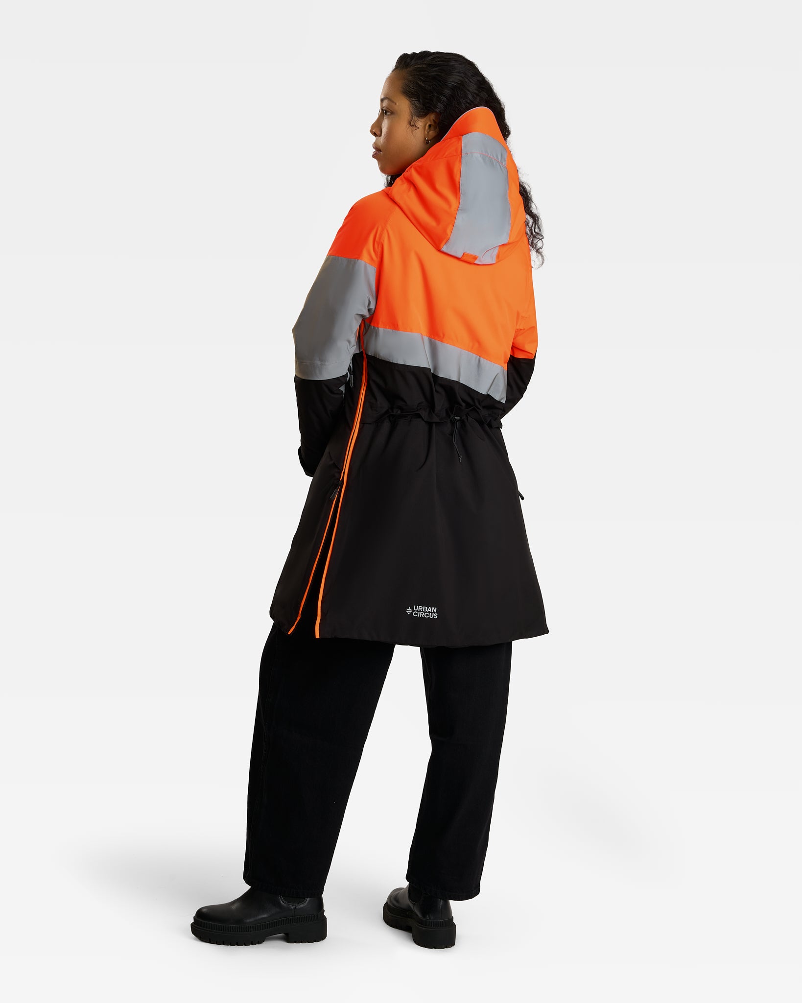 parka pluie longue et chaude rembourrée visible orange fluo et réfléchissante