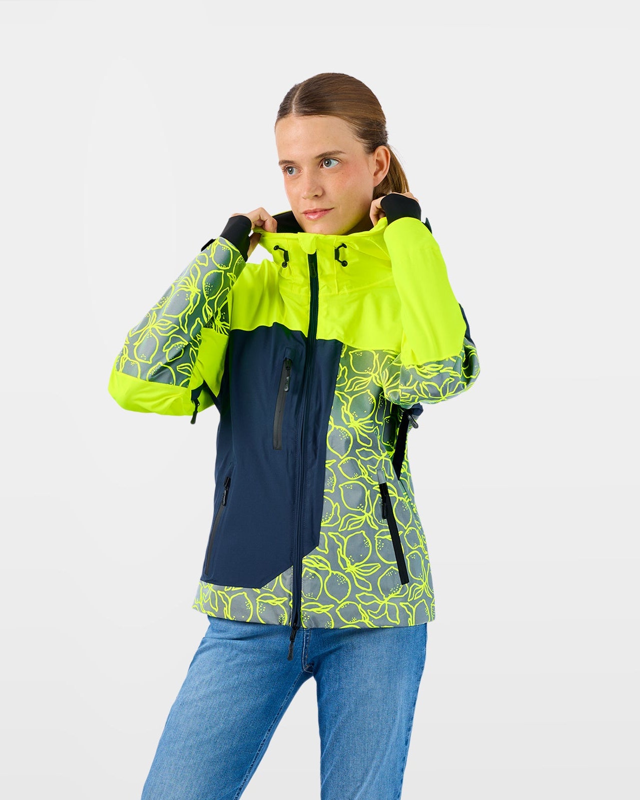 Veste vélo ville légère respirante imperméable jaune fluo aux motifs citron REPOP LIGHT