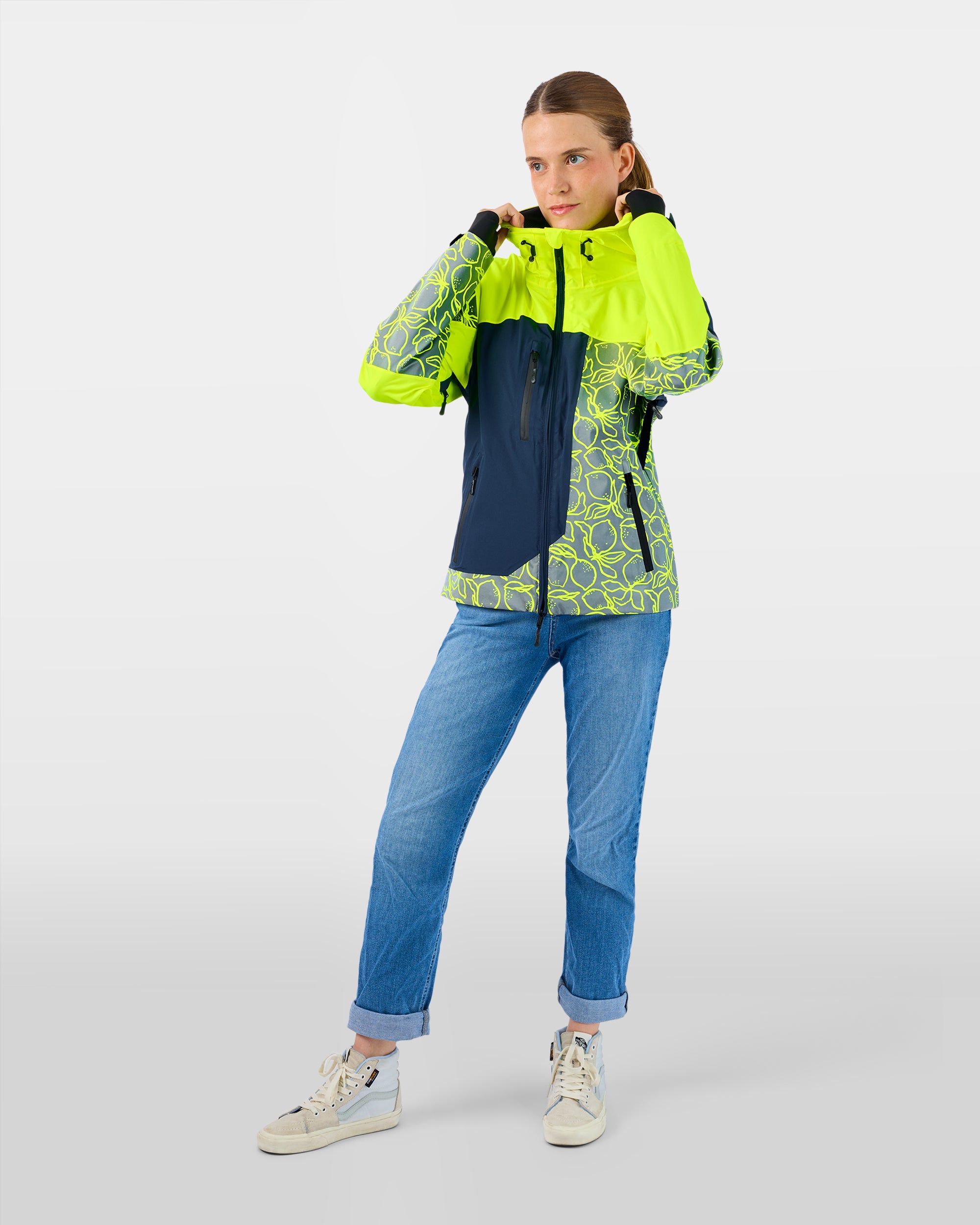 Veste vélo ville légère respirante imperméable jaune fluo aux motifs citron REPOP LIGHT