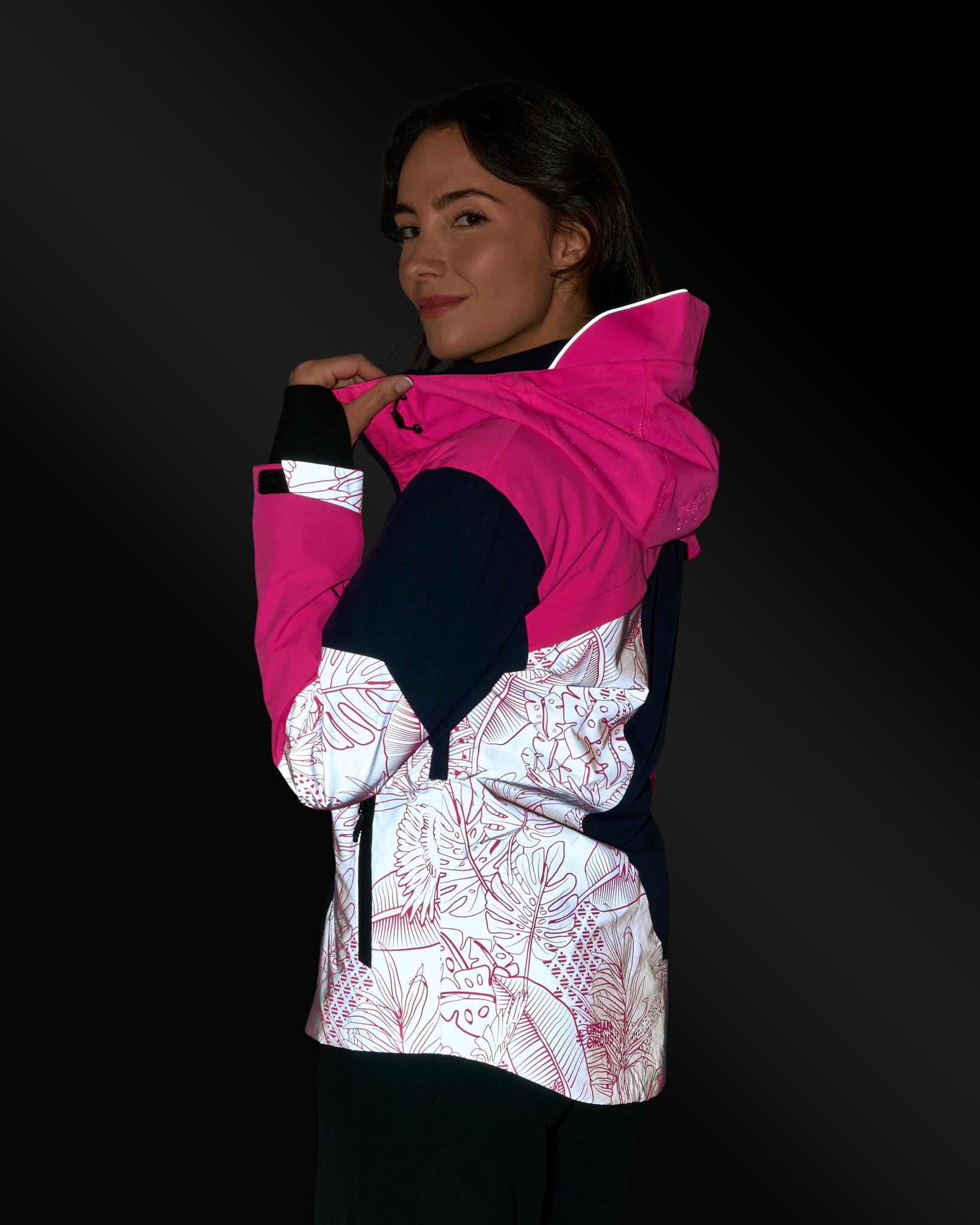 veste vélotaf réfléchissante rose fluo nuit motifs jungle femme